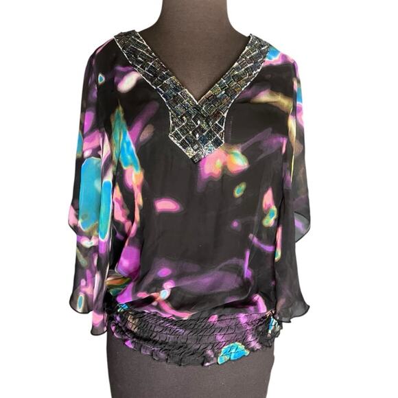 Y2K Colorful Semi Sheer Flowy Bedazzled Fairy Going Out Blouse S Boho Artsy - Picture 1 of 7